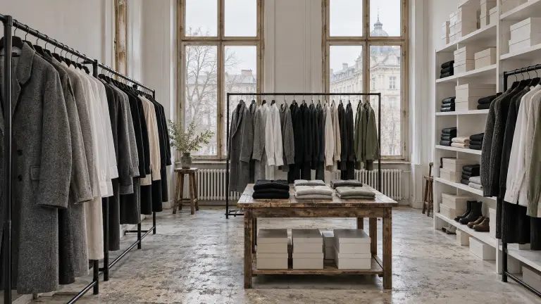 A bright storeroom with rails of coats, shirts and knitwear, folded garments on a wooden table and shoe boxes on white shelves