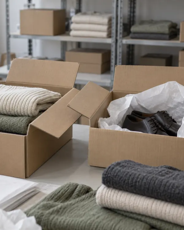 Cardboard boxes being packed with folded knitwear and a pair of leather shoes in tissue paper